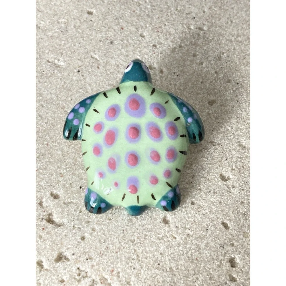 Hand Painted Sea Turtle Brooch Ceramic Green‎ Pink Purple Animal Beachy Coastal